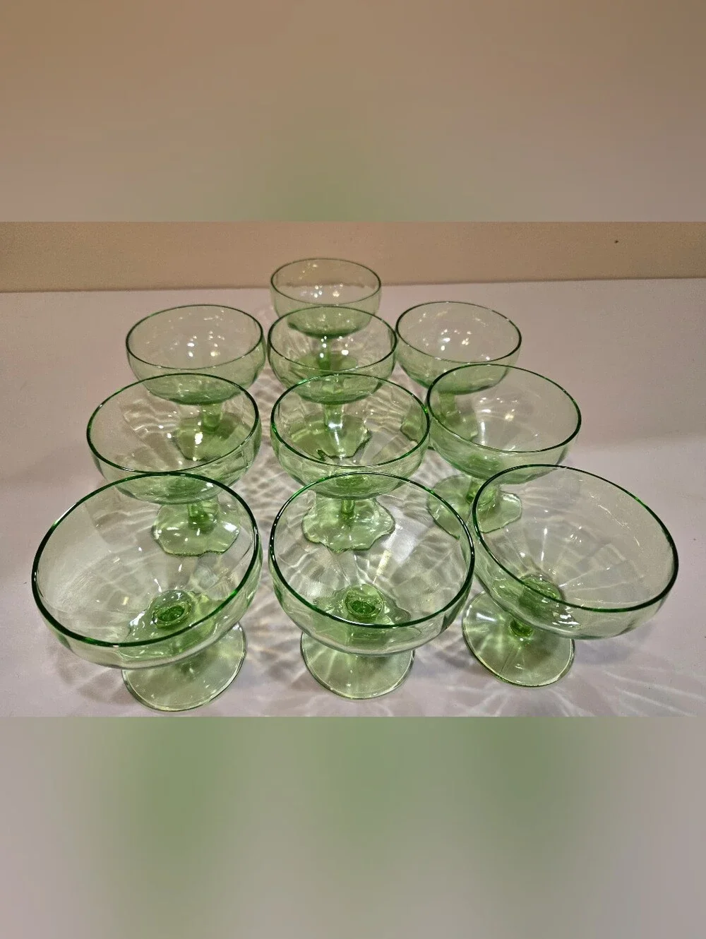 Vintage Depression Green Glass Dessert Coupes - Set of 10